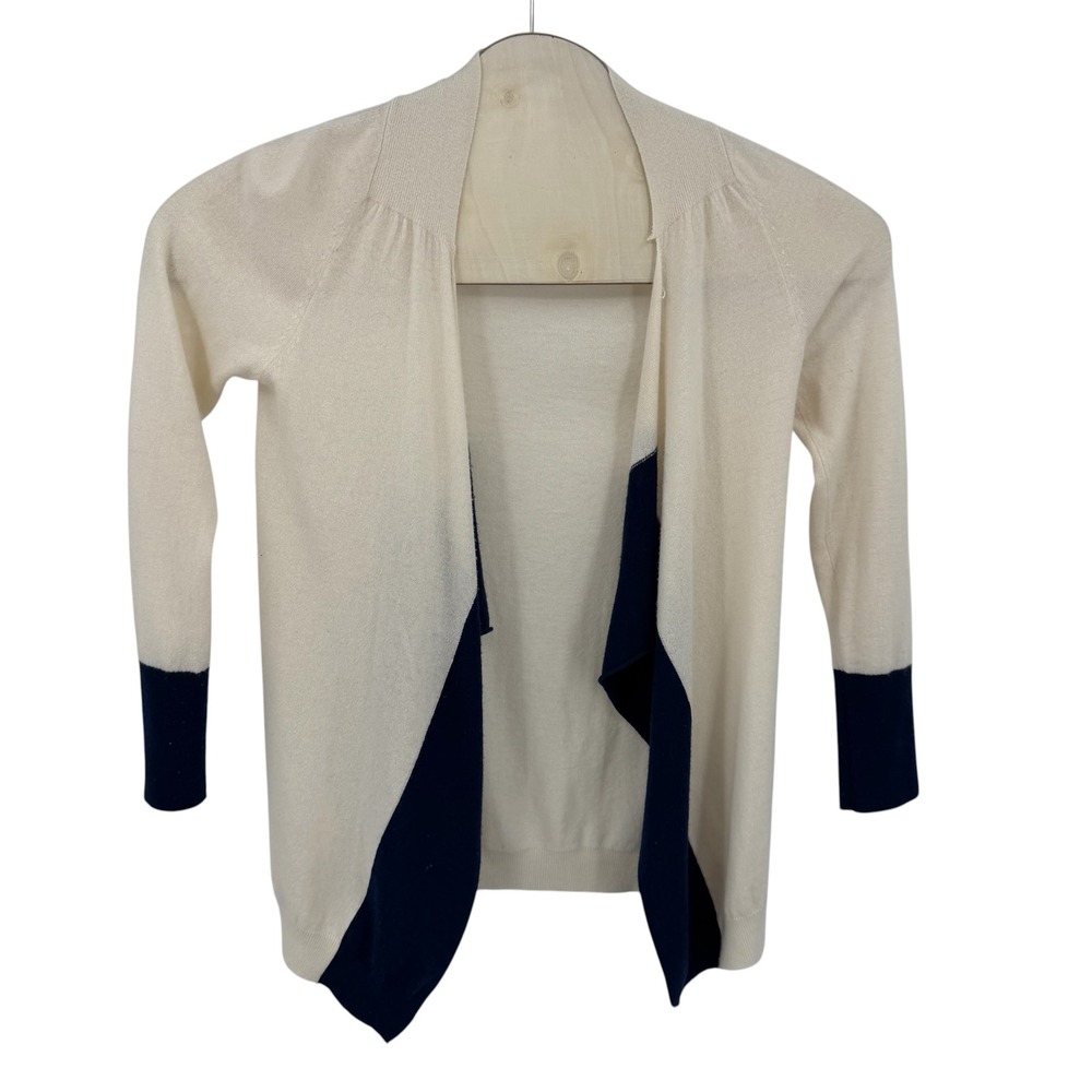 Splendid Cardigan Women Medium Cream Navy 100% Cashmere Colorblock Open Front Y7